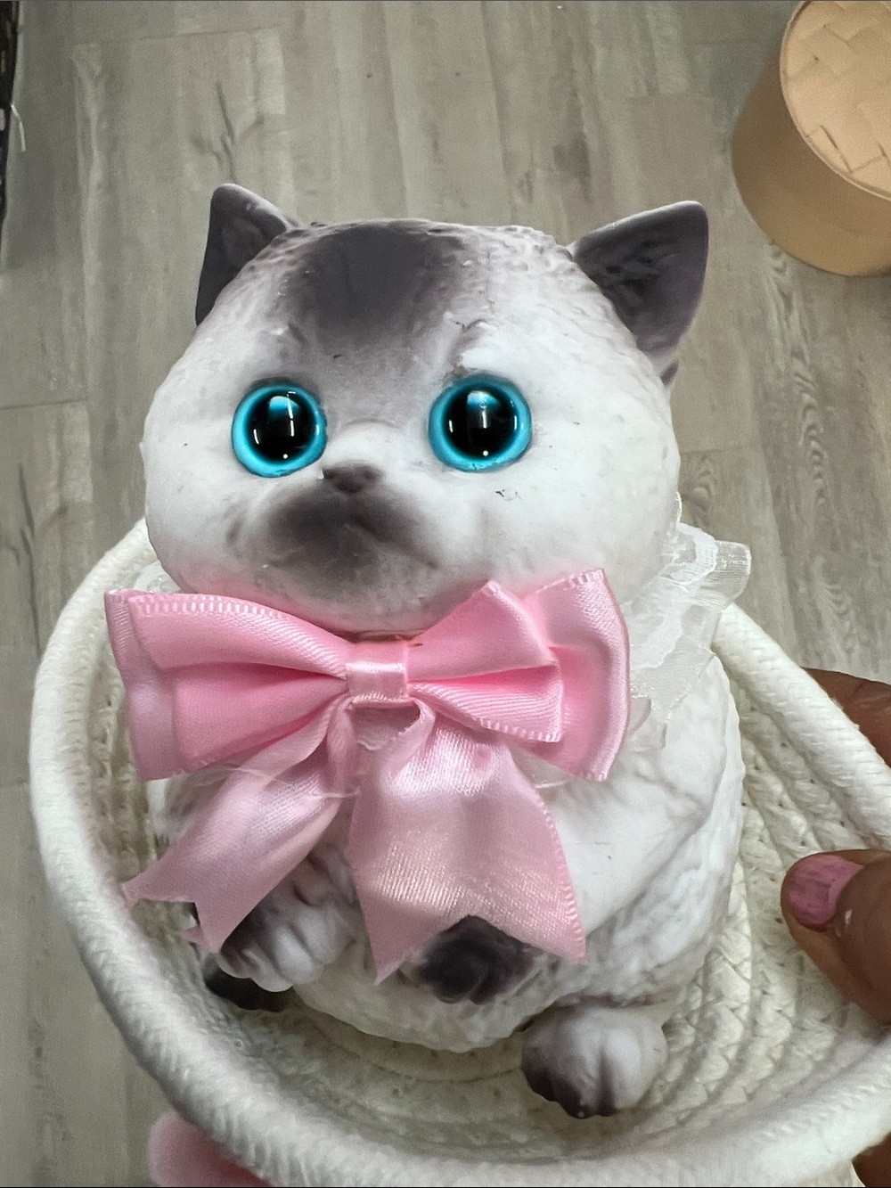 Plush White & Gray Cat with Pink Bow - Cute Decorative Pet Figurine